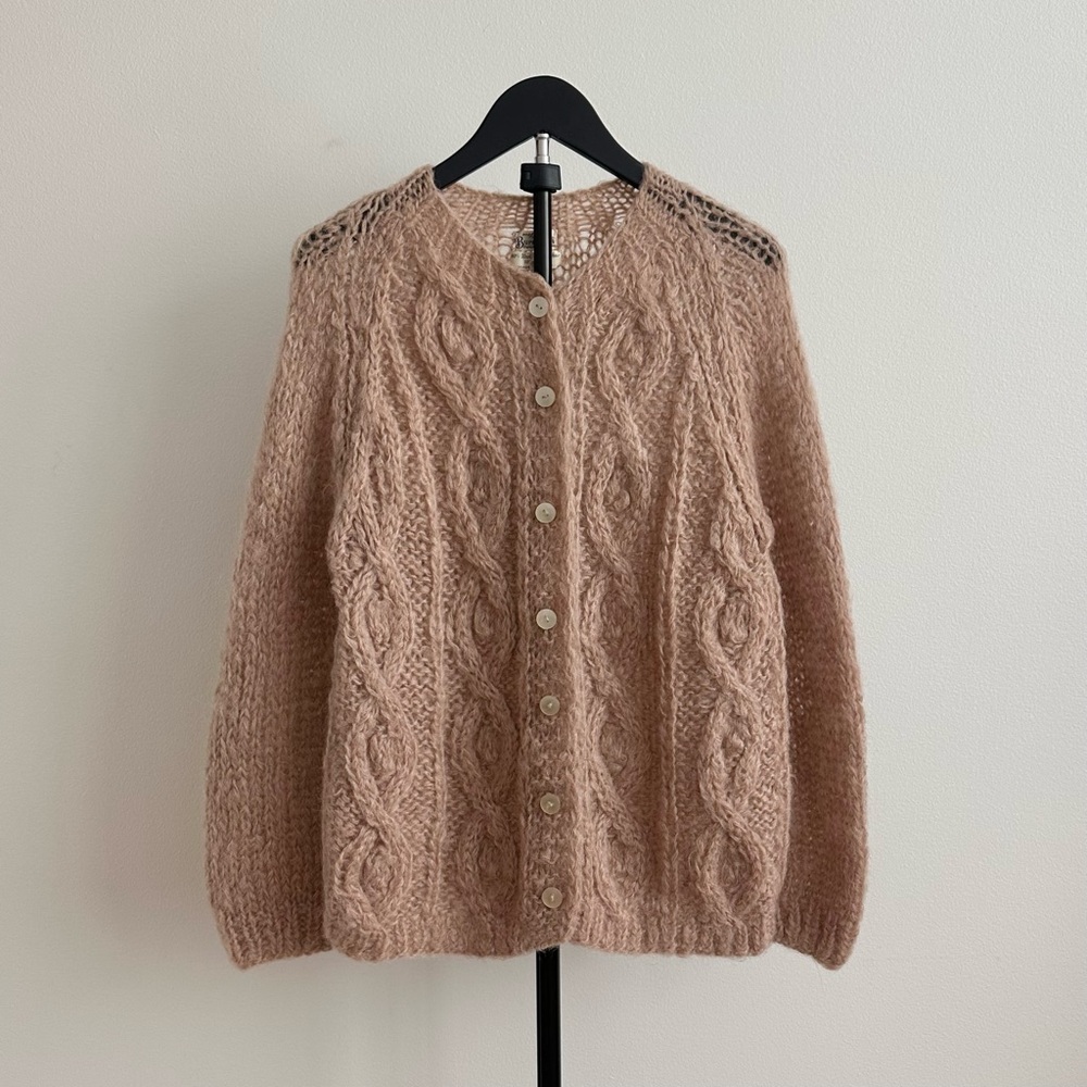 Vintage Burdine’s Wool Mohair Beige Open Cable Knit Crew Neck Cardigan Size L